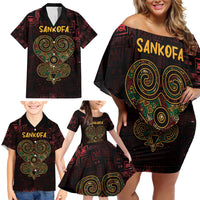 Africa Adinkra Symbol Family Matching Off Shoulder Short Dress and Hawaiian Shirt Sankofa Heart - Cosmic Red LT7 - Wonder Print Shop