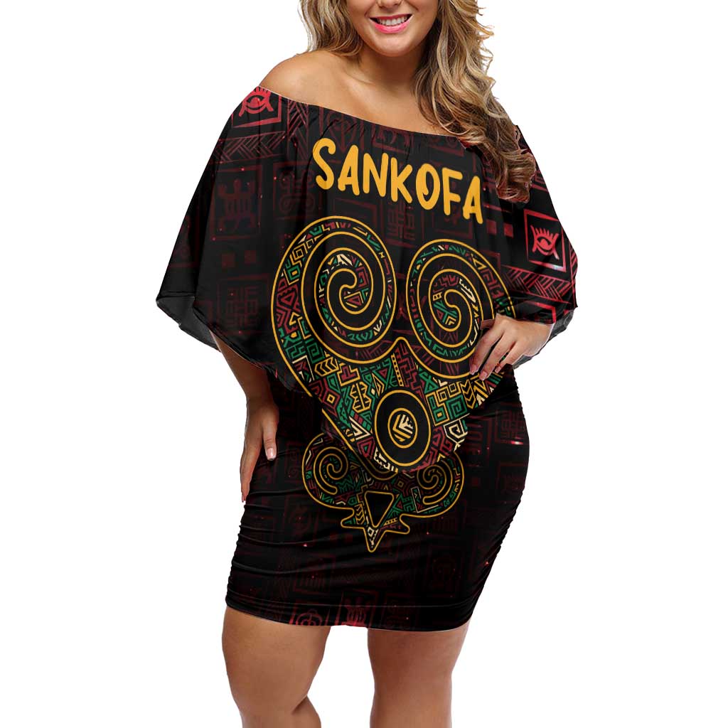 Africa Adinkra Symbol Family Matching Off Shoulder Short Dress and Hawaiian Shirt Sankofa Heart - Cosmic Red LT7 - Wonder Print Shop
