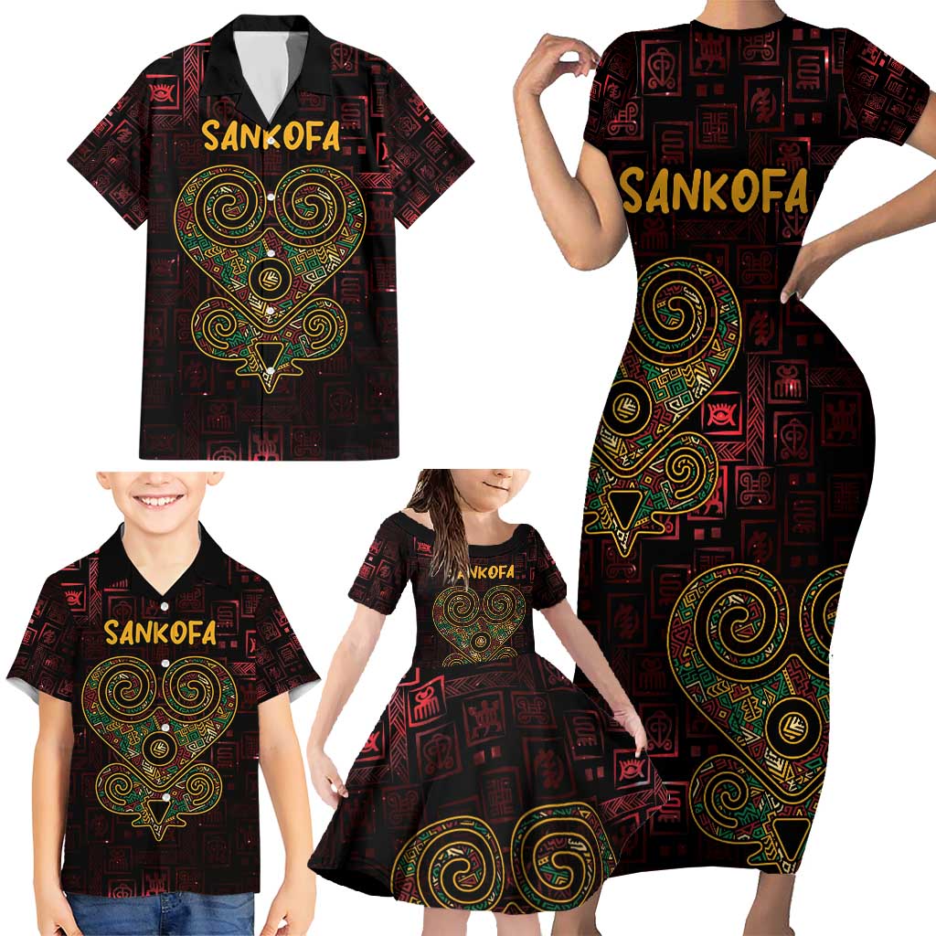Africa Adinkra Symbol Family Matching Short Sleeve Bodycon Dress and Hawaiian Shirt Sankofa Heart - Cosmic Red - Wonder Print Shop