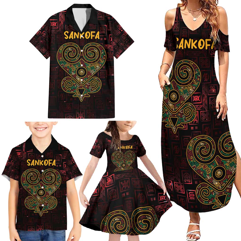 Africa Adinkra Symbol Family Matching Summer Maxi Dress and Hawaiian Shirt Sankofa Heart - Cosmic Red - Wonder Print Shop