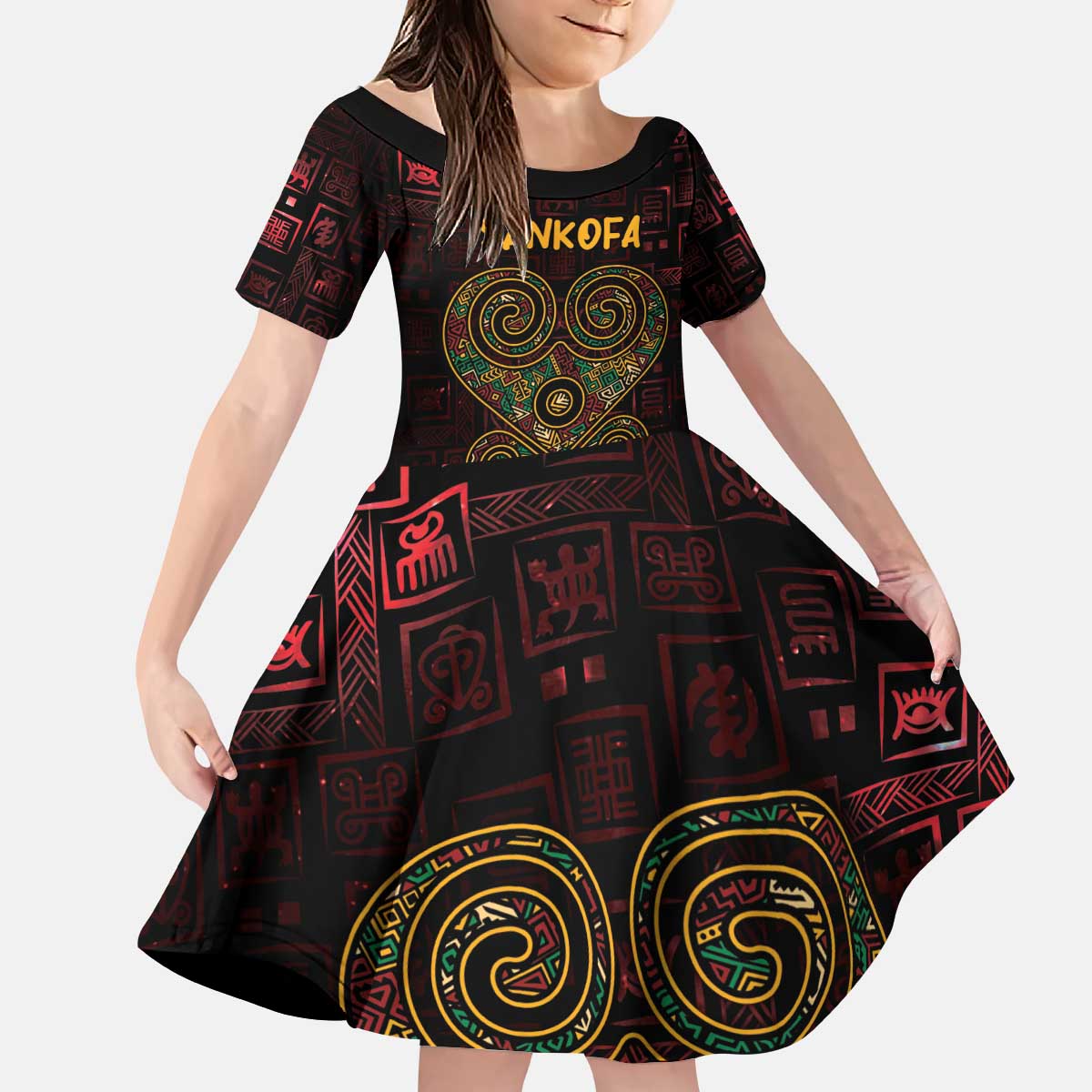 Africa Adinkra Symbol Kid Short Sleeve Dress Sankofa Heart - Cosmic Red - Wonder Print Shop