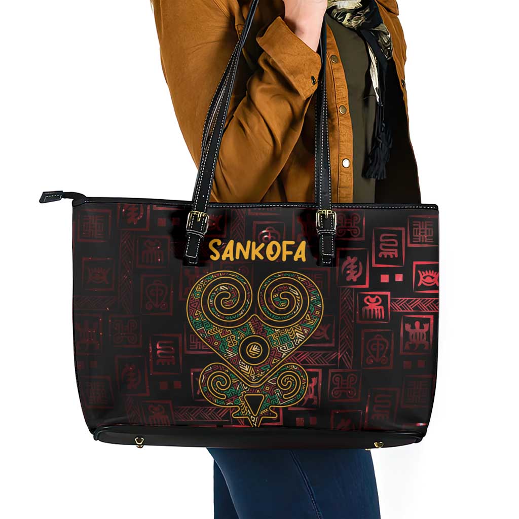 Africa Adinkra Symbol Leather Tote Bag Sankofa Heart - Cosmic Red - Wonder Print Shop