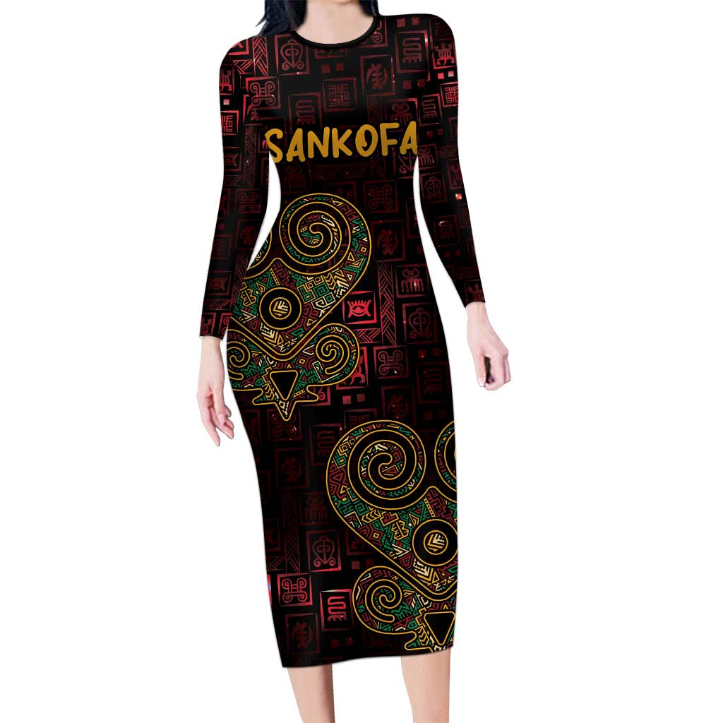 Africa Adinkra Symbol Long Sleeve Bodycon Dress Sankofa Heart - Cosmic Red - Wonder Print Shop