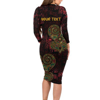 Africa Adinkra Symbol Long Sleeve Bodycon Dress Sankofa Heart - Cosmic Red - Wonder Print Shop