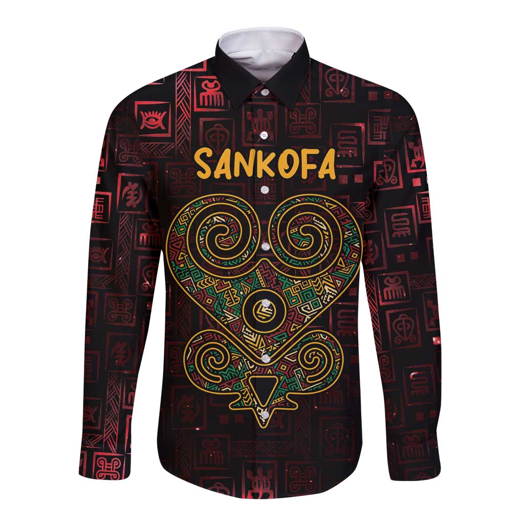 Africa Adinkra Symbol Long Sleeve Button Shirt Sankofa Heart - Cosmic Red - Wonder Print Shop