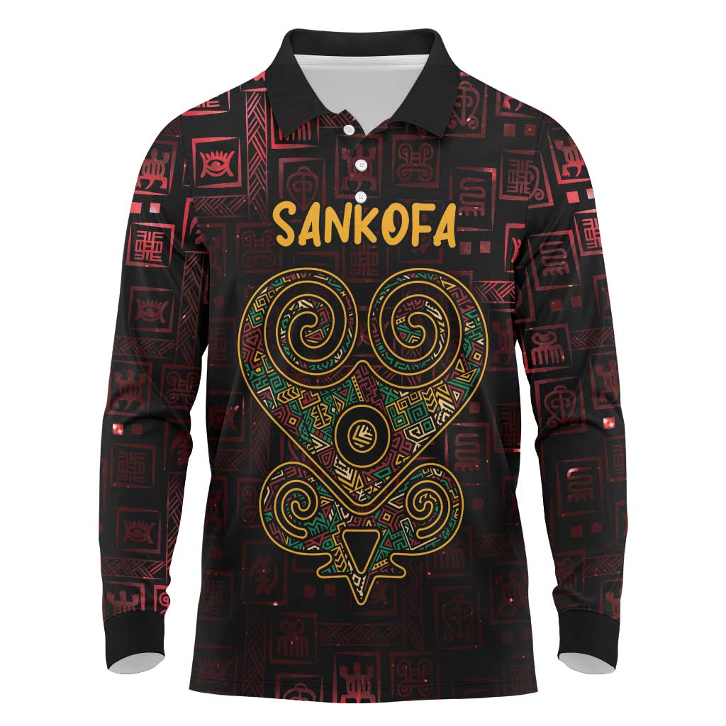 Africa Adinkra Symbol Long Sleeve Polo Shirt Sankofa Heart - Cosmic Red - Wonder Print Shop