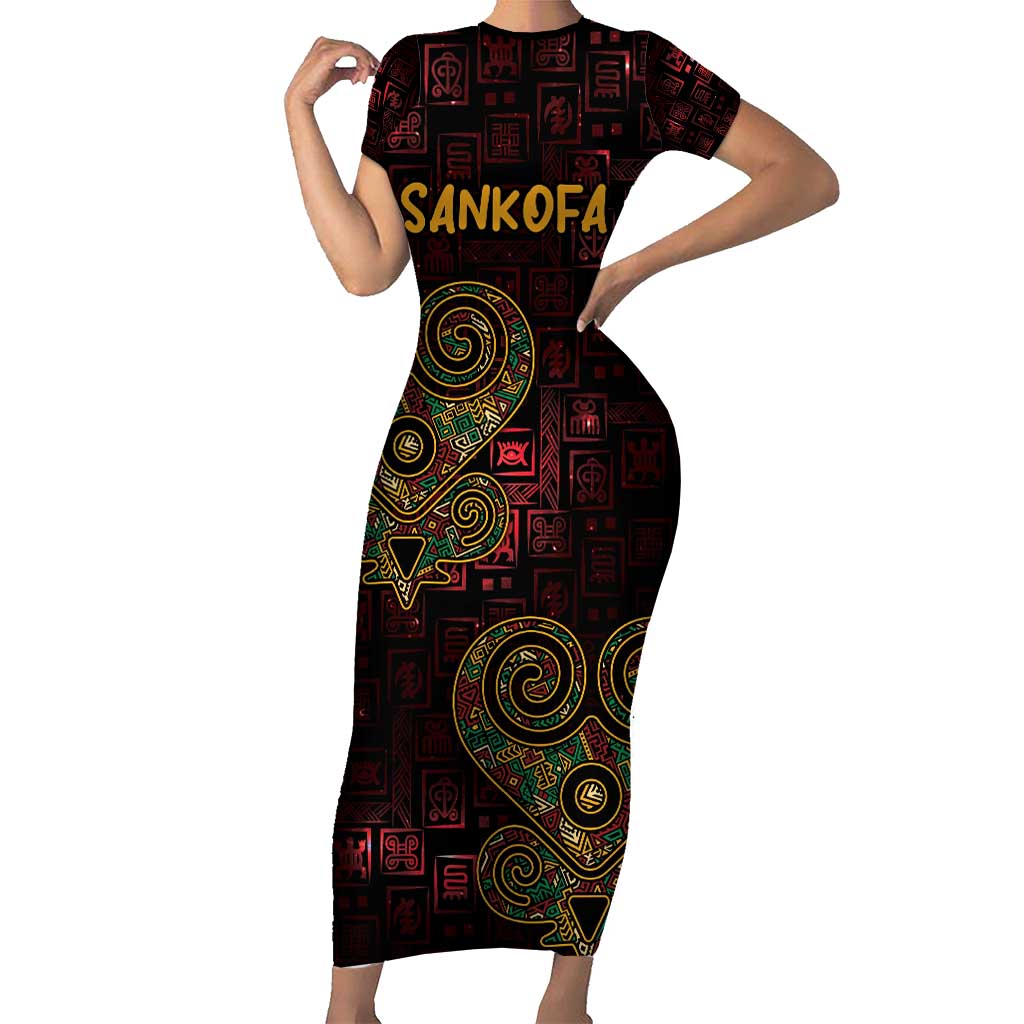 Africa Adinkra Symbol Short Sleeve Bodycon Dress Sankofa Heart - Cosmic Red - Wonder Print Shop