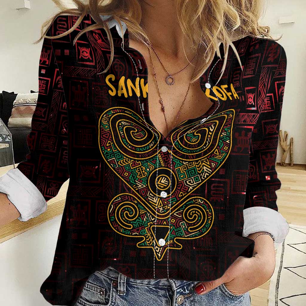 Africa Adinkra Symbol Women Casual Shirt Sankofa Heart - Cosmic Red - Wonder Print Shop