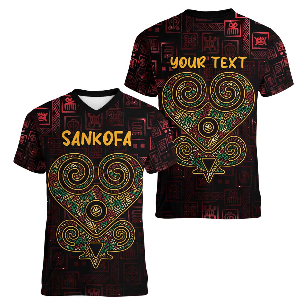 Africa Adinkra Symbol Women V-Neck T-Shirt Sankofa Heart - Cosmic Red - Wonder Print Shop