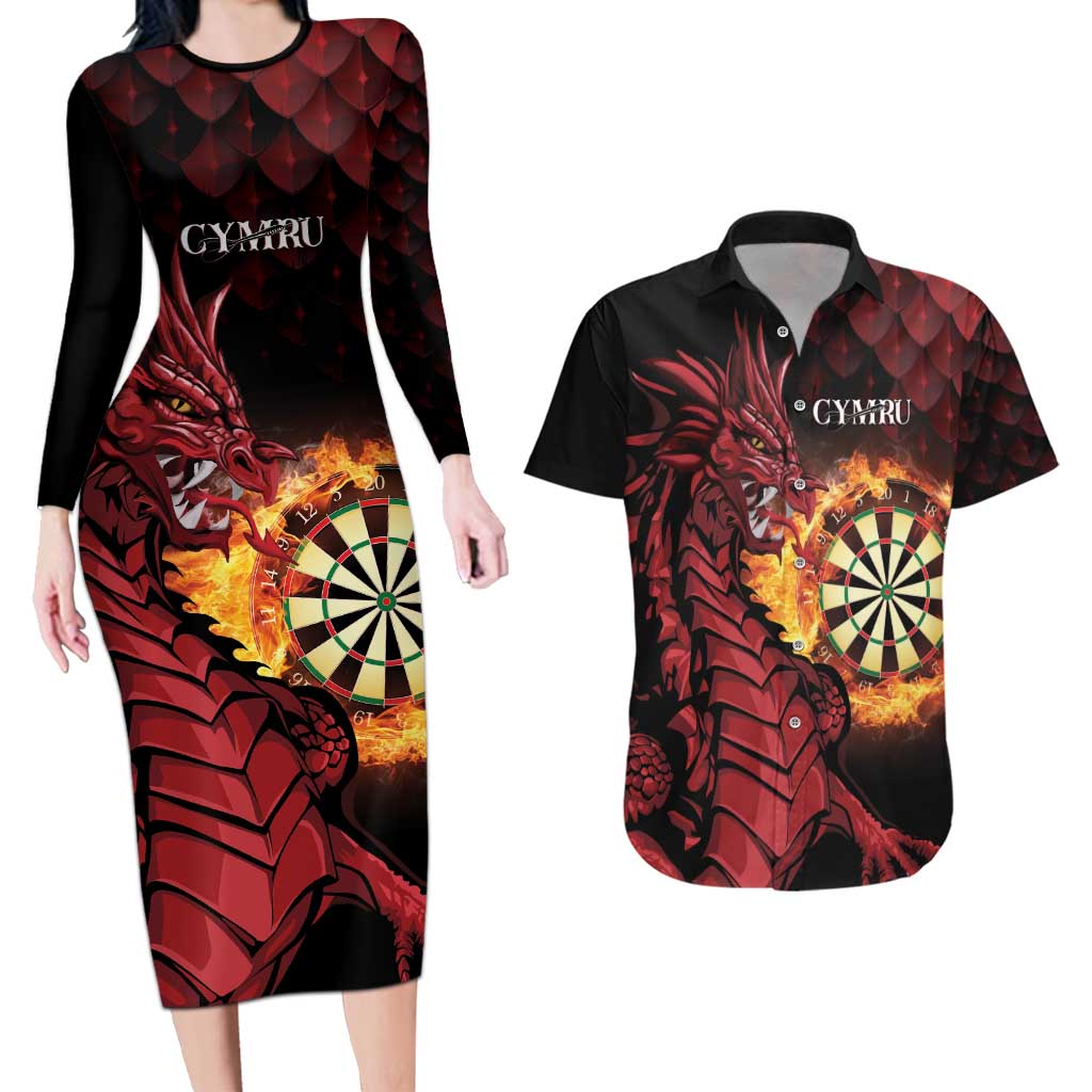Wales Darts Personalised Couples Matching Long Sleeve Bodycon Dress and Hawaiian Shirt Red Dragon Cymru Am Byth