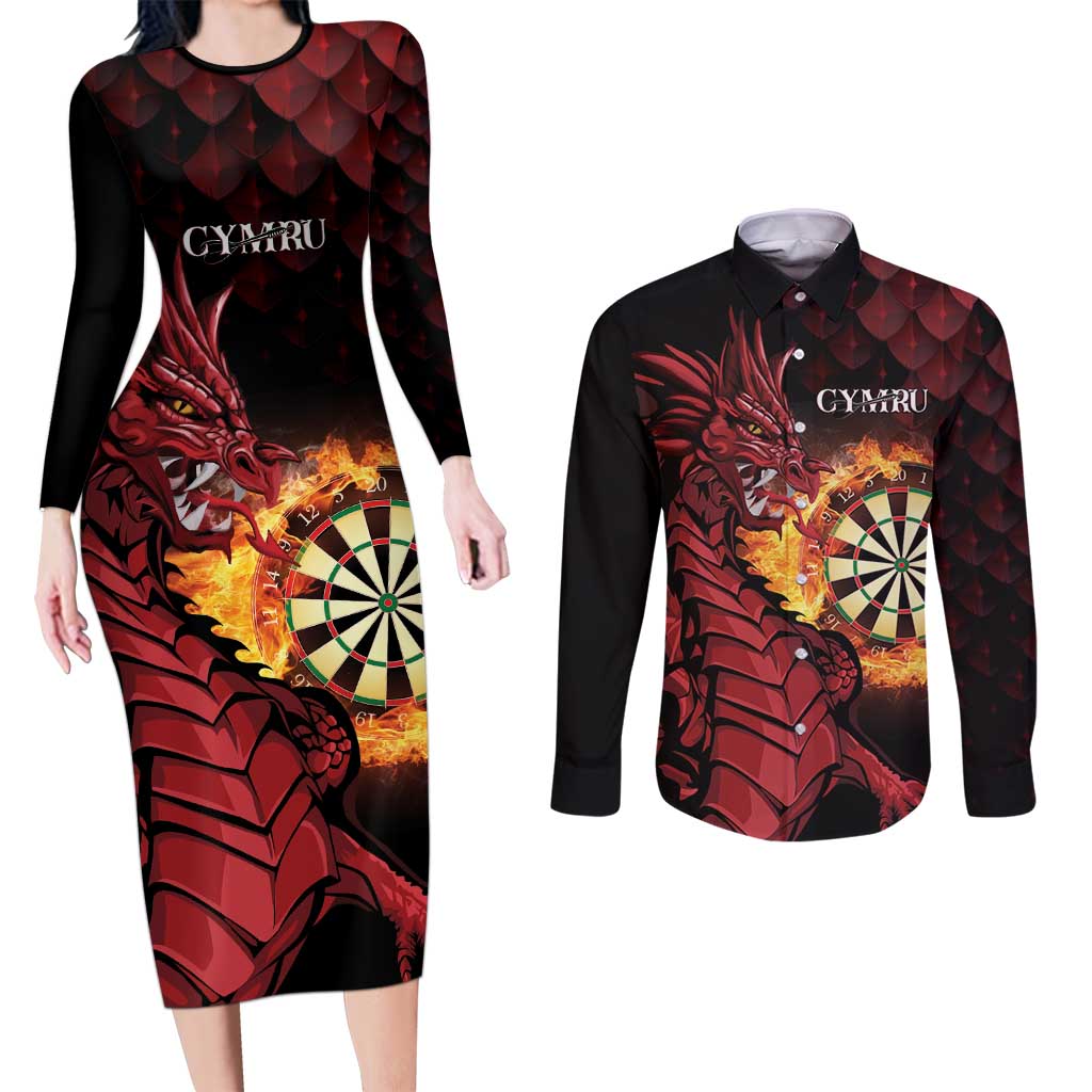 Wales Darts Personalised Couples Matching Long Sleeve Bodycon Dress and Long Sleeve Button Shirt Red Dragon Cymru Am Byth