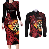 Wales Darts Personalised Couples Matching Long Sleeve Bodycon Dress and Long Sleeve Button Shirt Red Dragon Cymru Am Byth