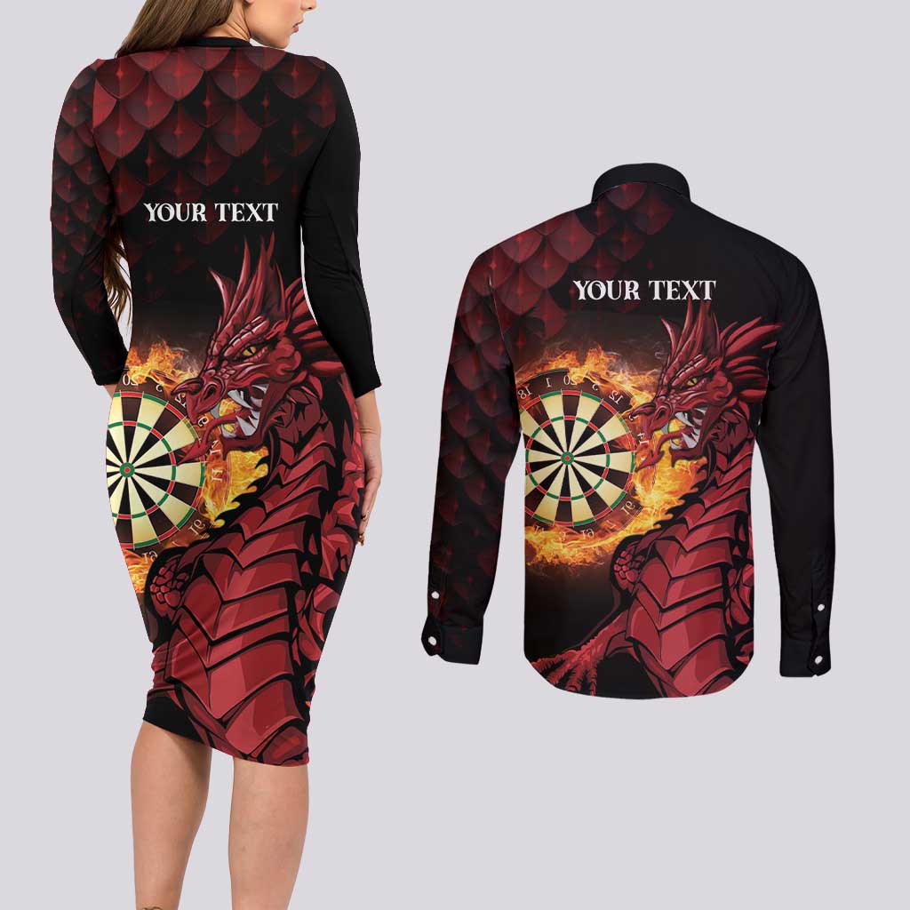 Wales Darts Personalised Couples Matching Long Sleeve Bodycon Dress and Long Sleeve Button Shirt Red Dragon Cymru Am Byth