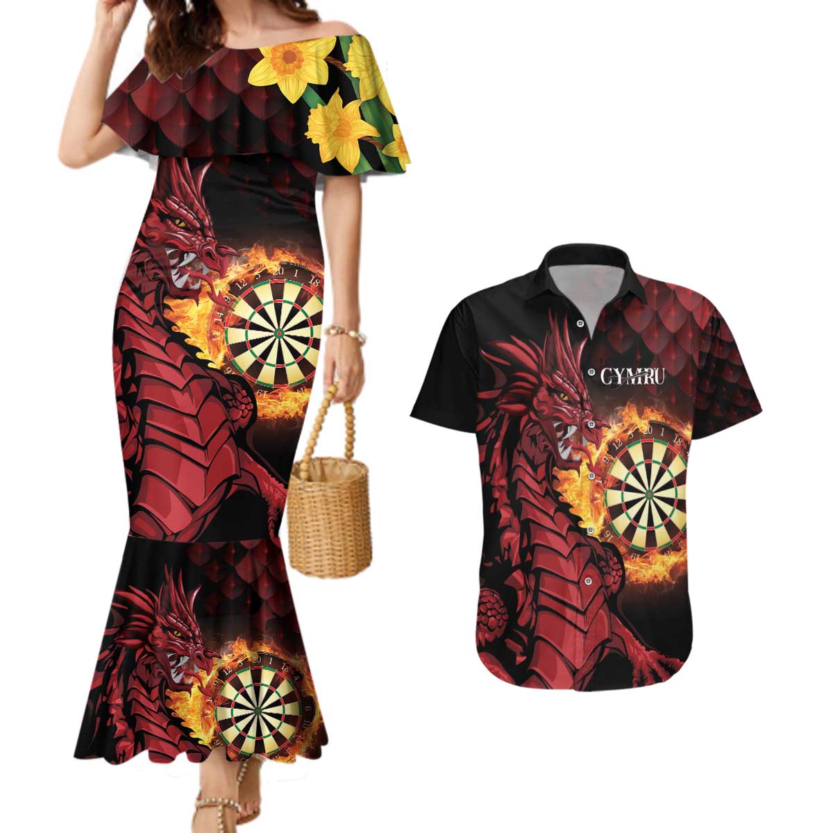 Wales Darts Personalised Couples Matching Mermaid Dress and Hawaiian Shirt Red Dragon Cymru Am Byth
