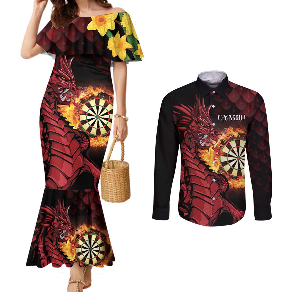Wales Darts Personalised Couples Matching Mermaid Dress and Long Sleeve Button Shirt Red Dragon Cymru Am Byth