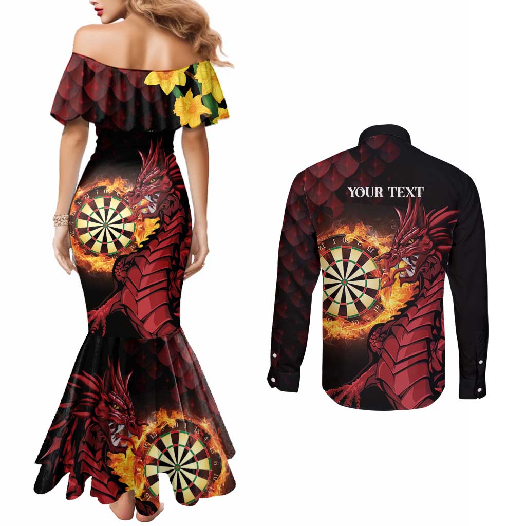 Wales Darts Personalised Couples Matching Mermaid Dress and Long Sleeve Button Shirt Red Dragon Cymru Am Byth