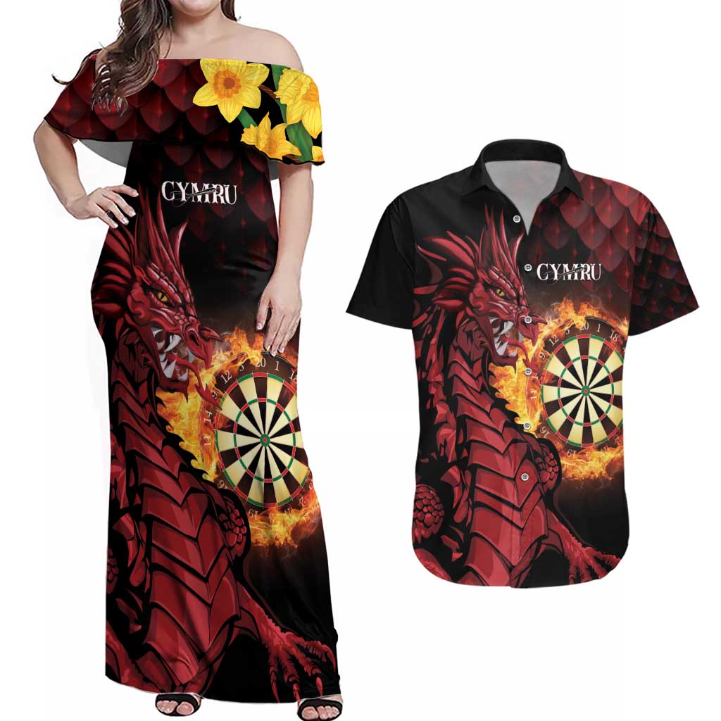 Wales Darts Personalised Couples Matching Off Shoulder Maxi Dress and Hawaiian Shirt Red Dragon Cymru Am Byth