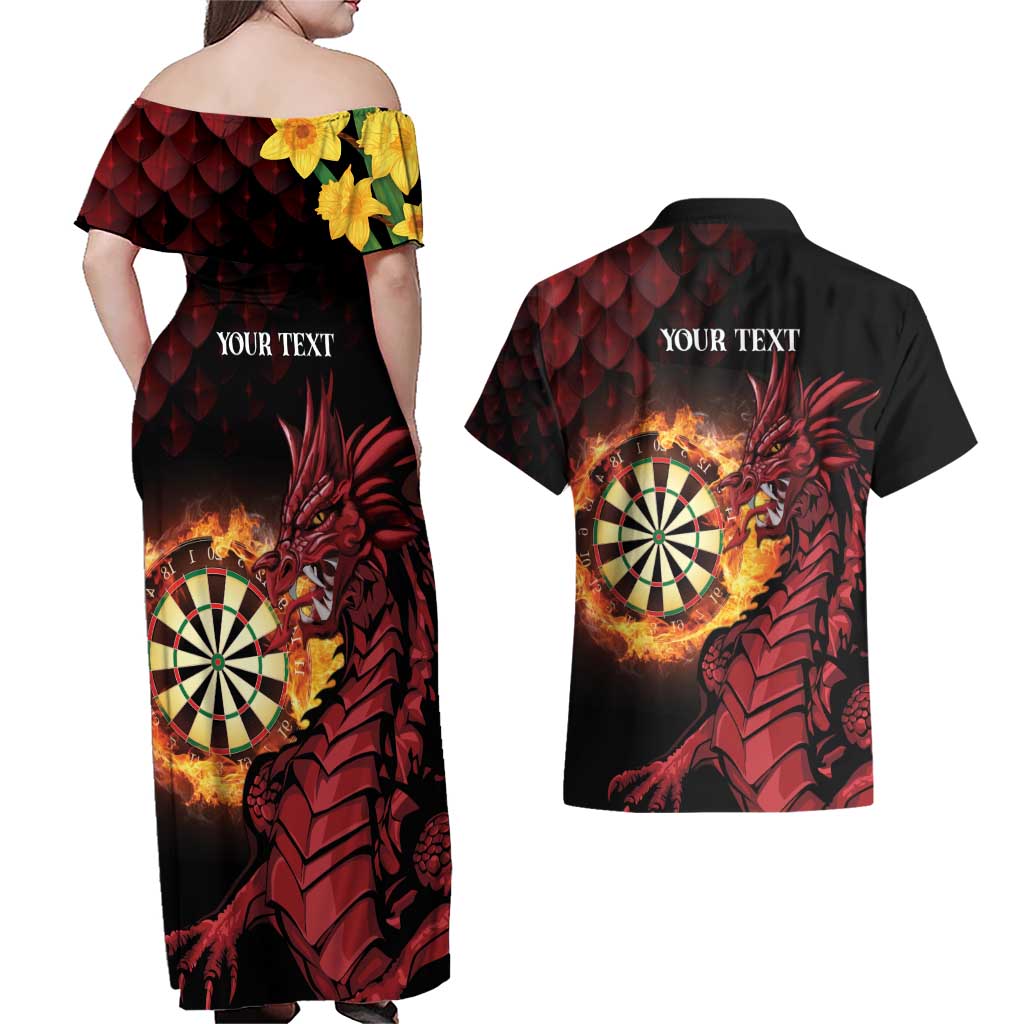 Wales Darts Personalised Couples Matching Off Shoulder Maxi Dress and Hawaiian Shirt Red Dragon Cymru Am Byth