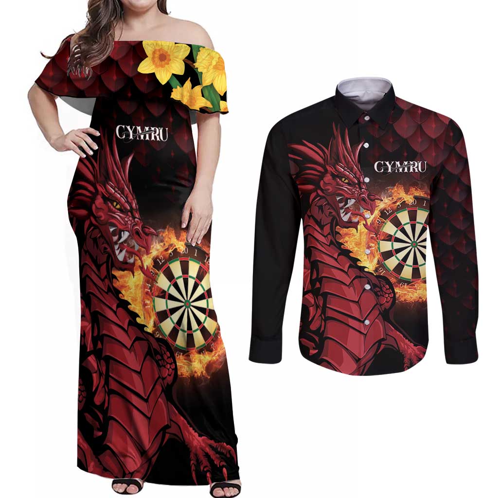 Wales Darts Personalised Couples Matching Off Shoulder Maxi Dress and Long Sleeve Button Shirt Red Dragon Cymru Am Byth
