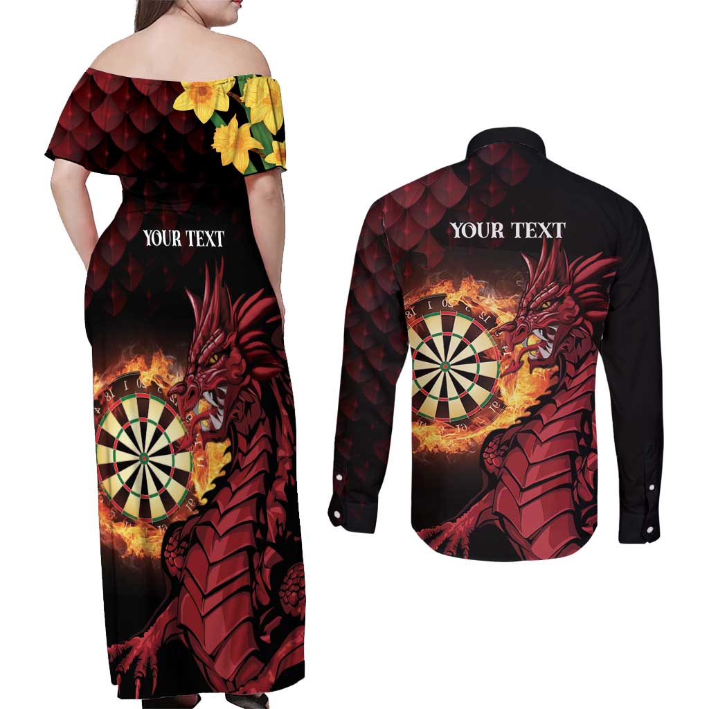 Wales Darts Personalised Couples Matching Off Shoulder Maxi Dress and Long Sleeve Button Shirt Red Dragon Cymru Am Byth