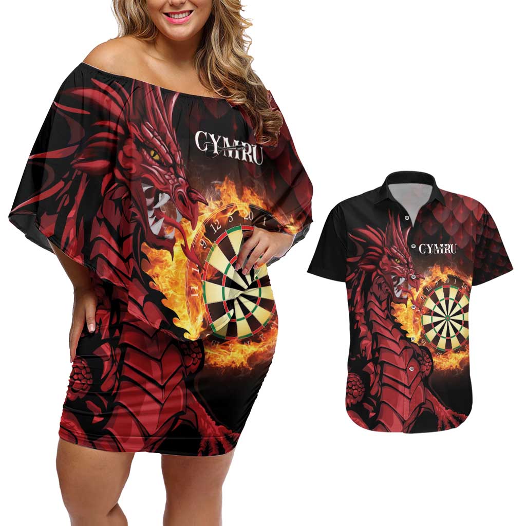 Wales Darts Personalised Couples Matching Off Shoulder Short Dress and Hawaiian Shirt Red Dragon Cymru Am Byth