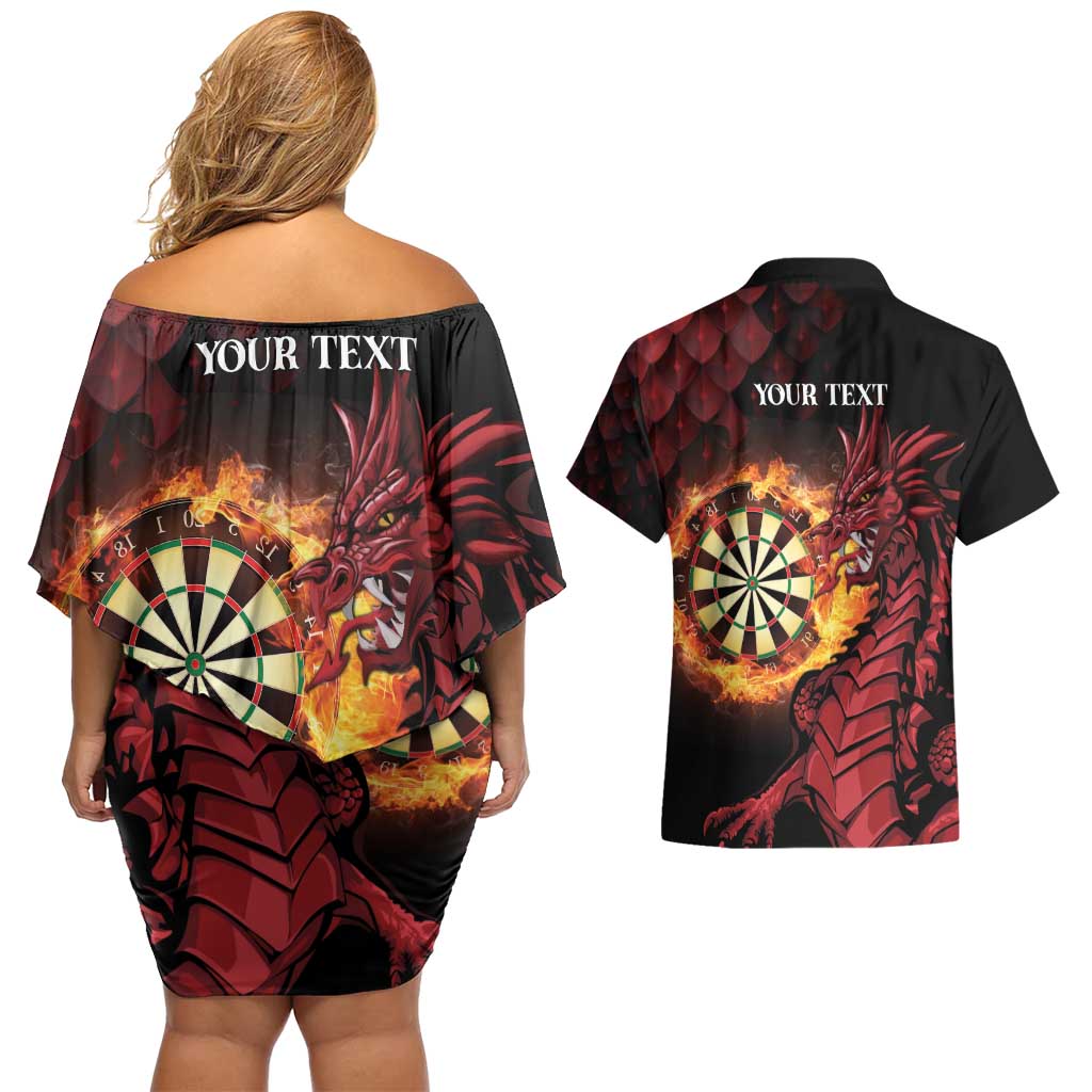 Wales Darts Personalised Couples Matching Off Shoulder Short Dress and Hawaiian Shirt Red Dragon Cymru Am Byth