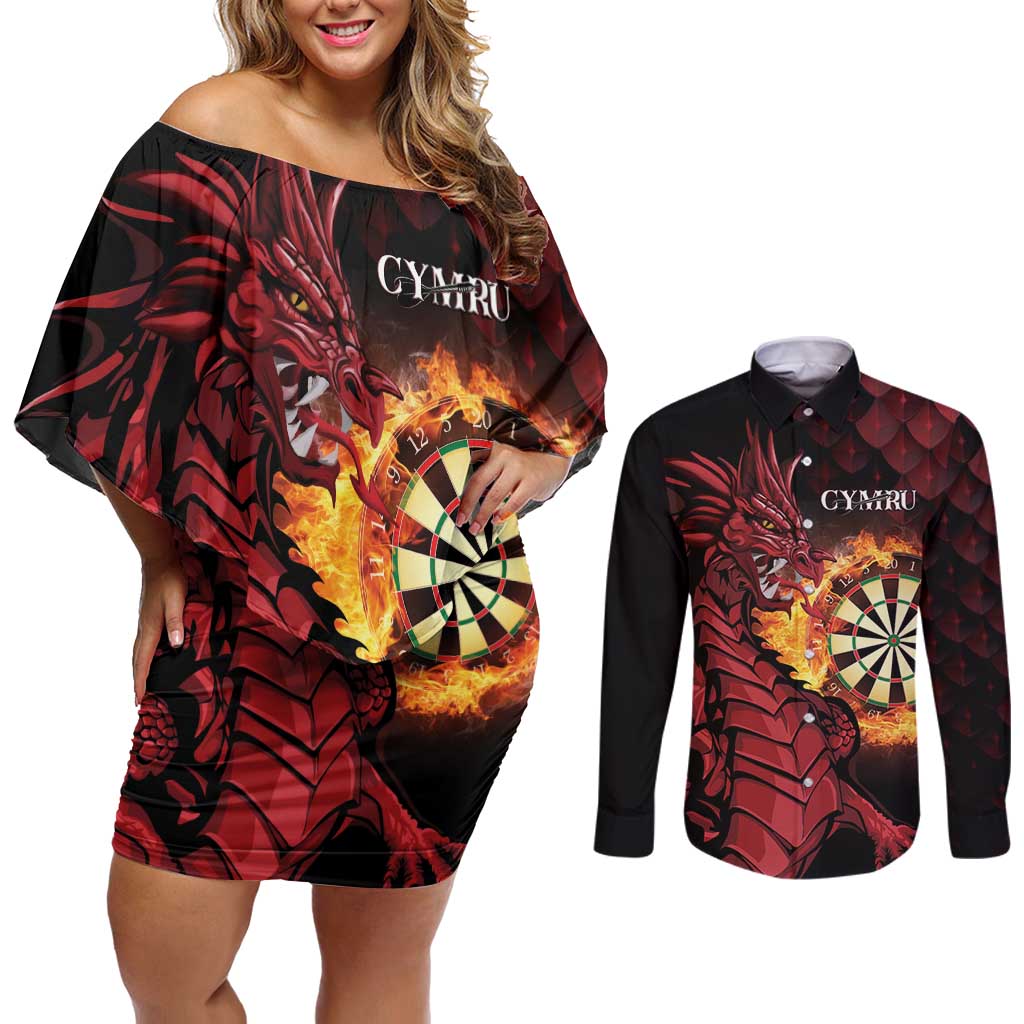 Wales Darts Personalised Couples Matching Off Shoulder Short Dress and Long Sleeve Button Shirt Red Dragon Cymru Am Byth