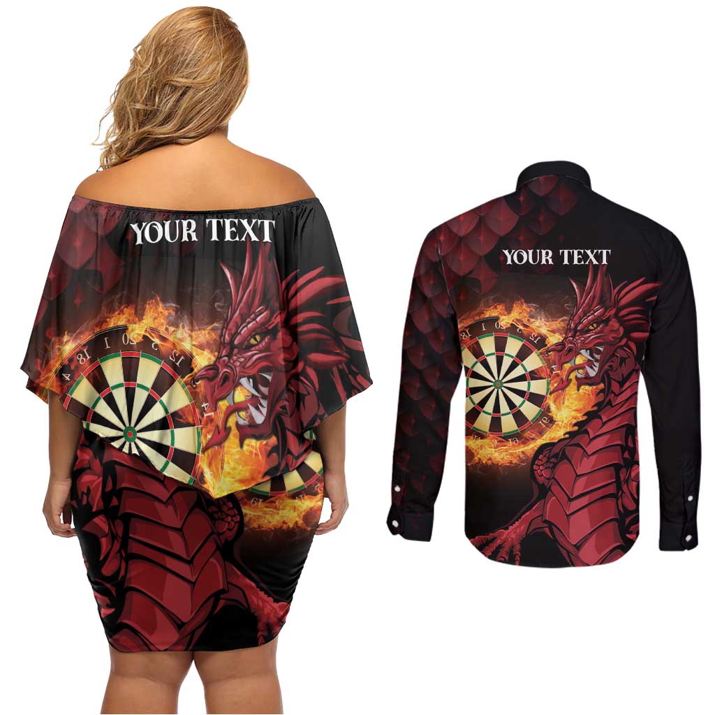 Wales Darts Personalised Couples Matching Off Shoulder Short Dress and Long Sleeve Button Shirt Red Dragon Cymru Am Byth