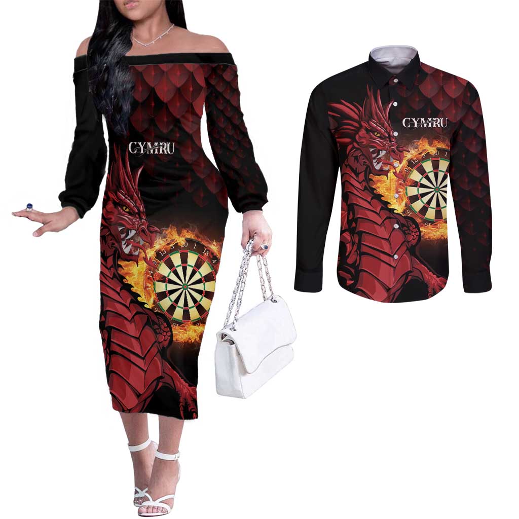 Wales Darts Personalised Couples Matching Off The Shoulder Long Sleeve Dress and Long Sleeve Button Shirt Red Dragon Cymru Am Byth