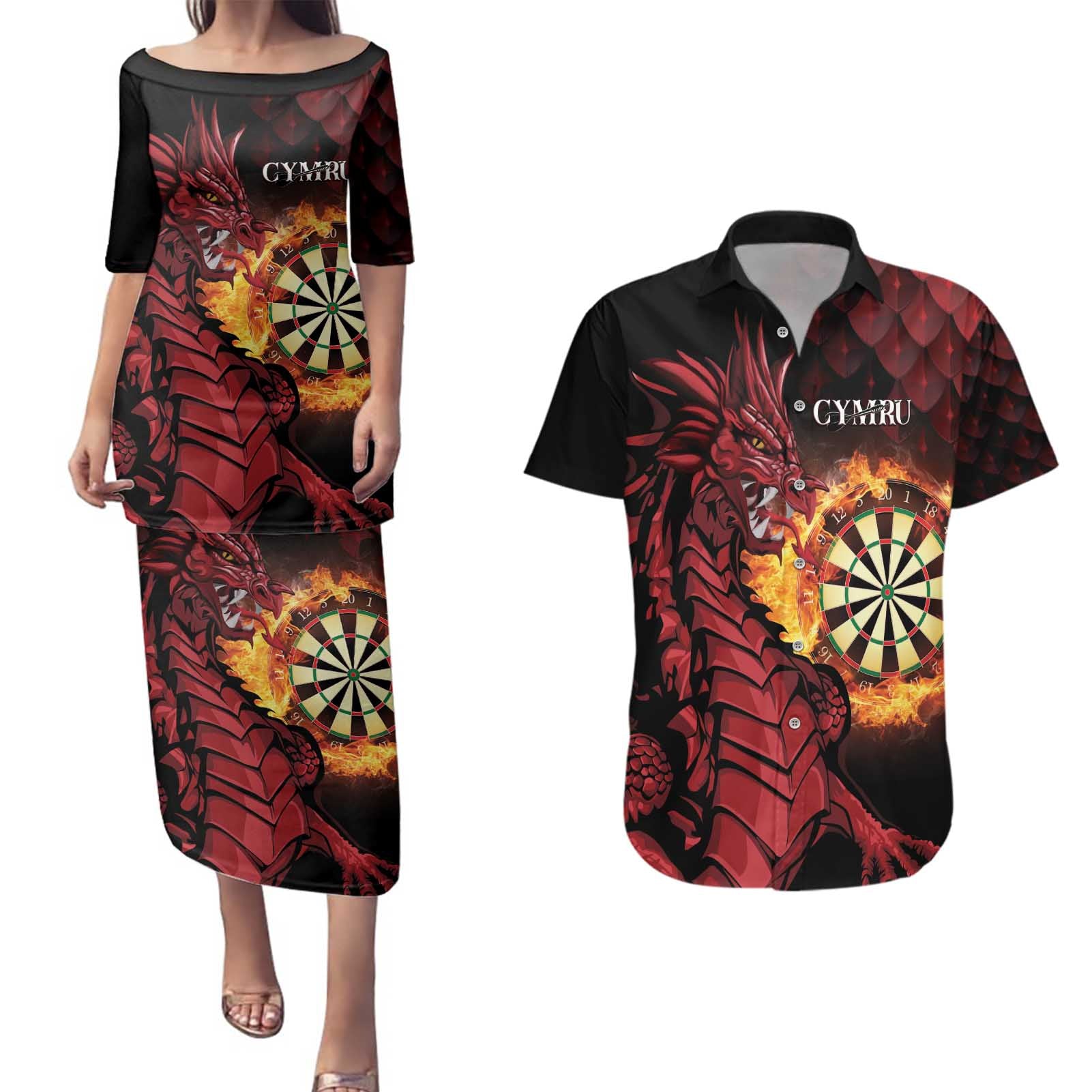 Wales Darts Personalised Couples Matching Puletasi and Hawaiian Shirt Red Dragon Cymru Am Byth