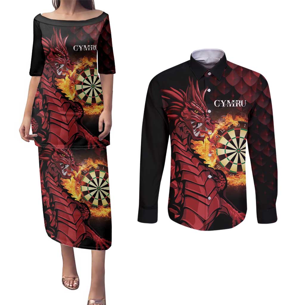 Wales Darts Personalised Couples Matching Puletasi and Long Sleeve Button Shirt Red Dragon Cymru Am Byth