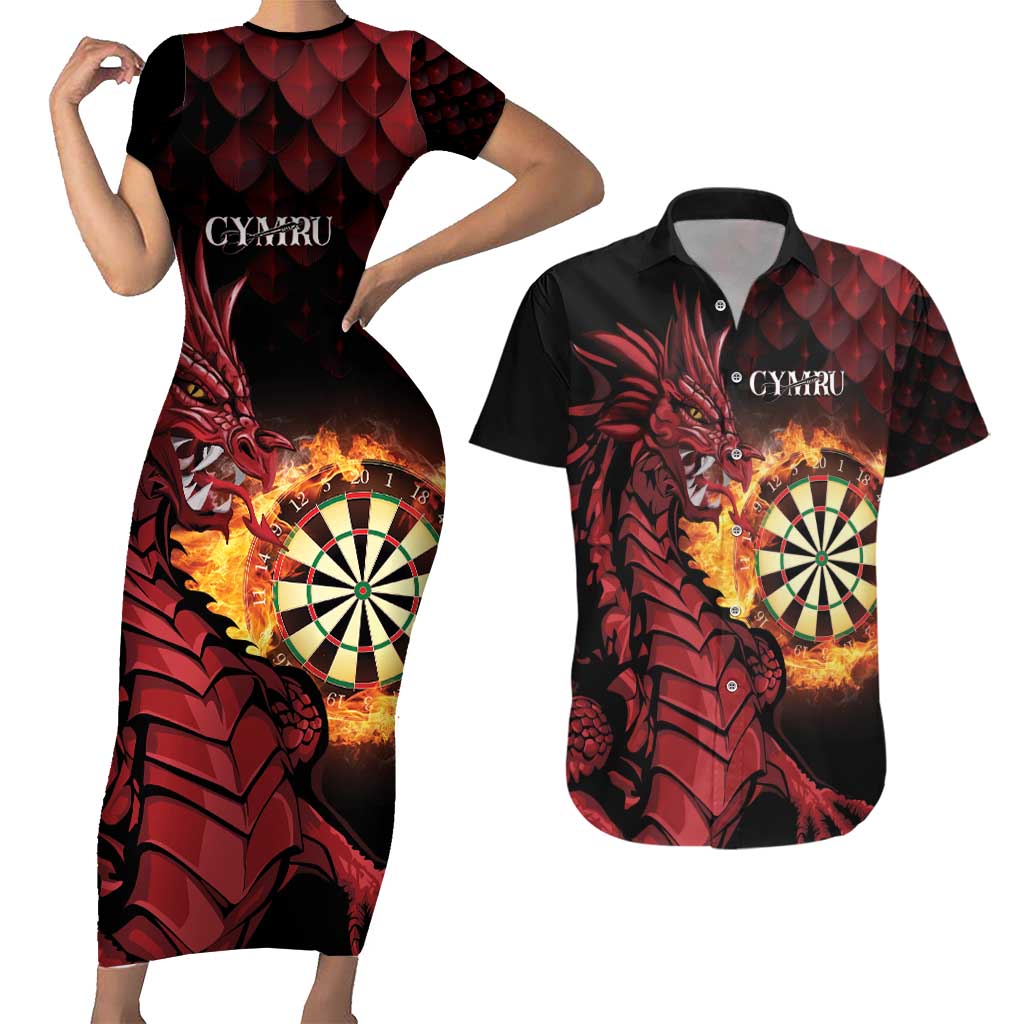 Wales Darts Personalised Couples Matching Short Sleeve Bodycon Dress and Hawaiian Shirt Red Dragon Cymru Am Byth