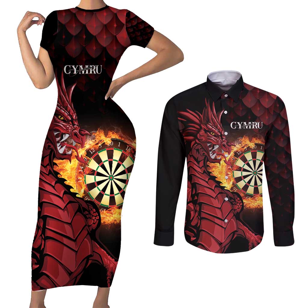 Wales Darts Personalised Couples Matching Short Sleeve Bodycon Dress and Long Sleeve Button Shirt Red Dragon Cymru Am Byth