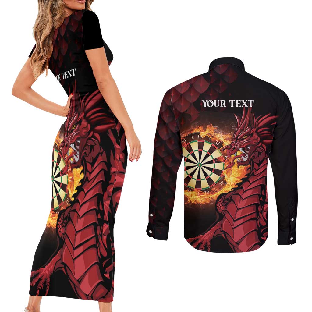 Wales Darts Personalised Couples Matching Short Sleeve Bodycon Dress and Long Sleeve Button Shirt Red Dragon Cymru Am Byth