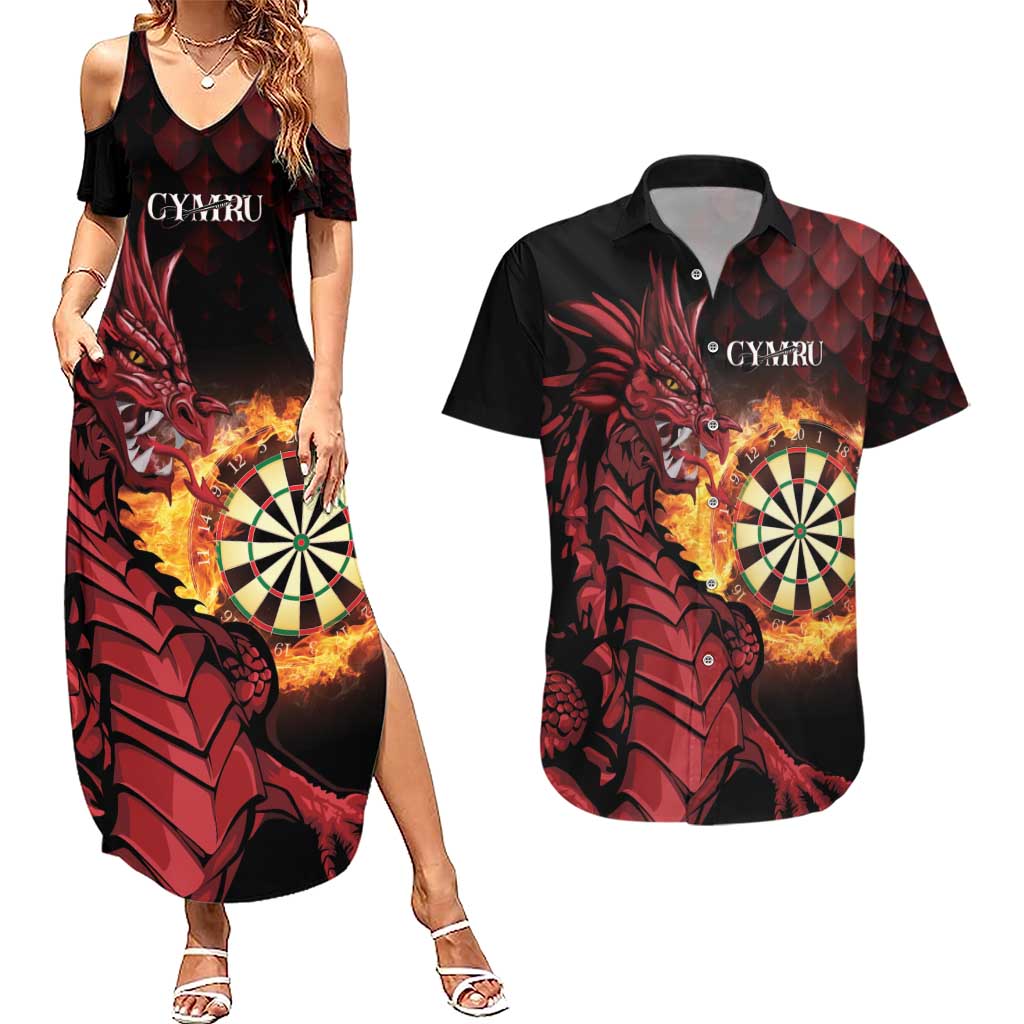 Wales Darts Personalised Couples Matching Summer Maxi Dress and Hawaiian Shirt Red Dragon Cymru Am Byth