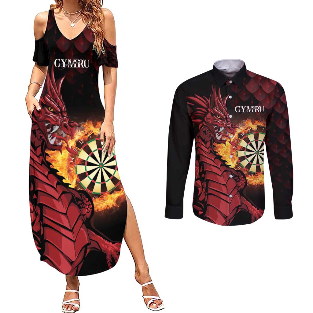 Wales Darts Personalised Couples Matching Summer Maxi Dress and Long Sleeve Button Shirt Red Dragon Cymru Am Byth