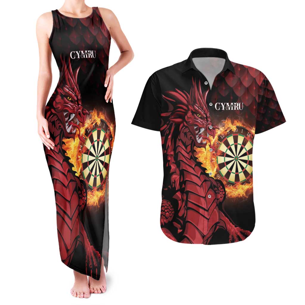 Wales Darts Personalised Couples Matching Tank Maxi Dress and Hawaiian Shirt Red Dragon Cymru Am Byth