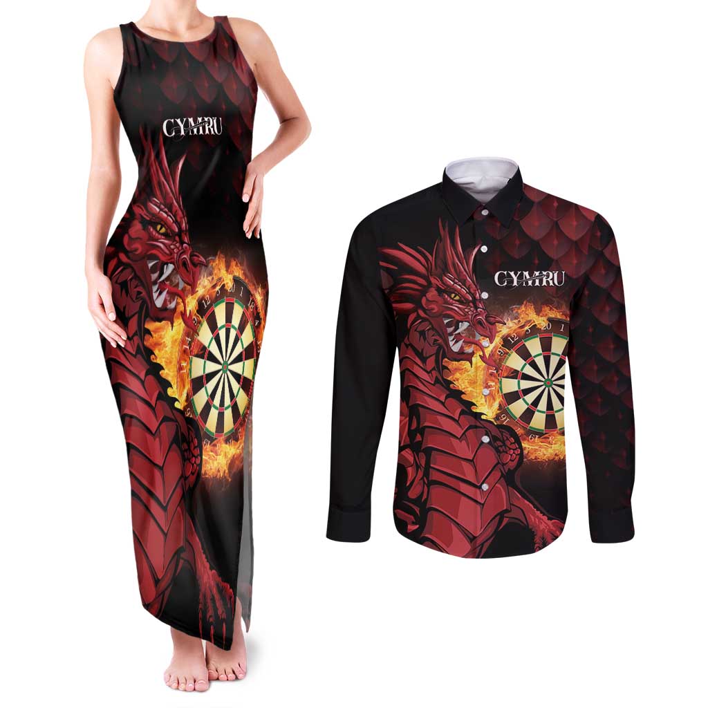 Wales Darts Personalised Couples Matching Tank Maxi Dress and Long Sleeve Button Shirt Red Dragon Cymru Am Byth