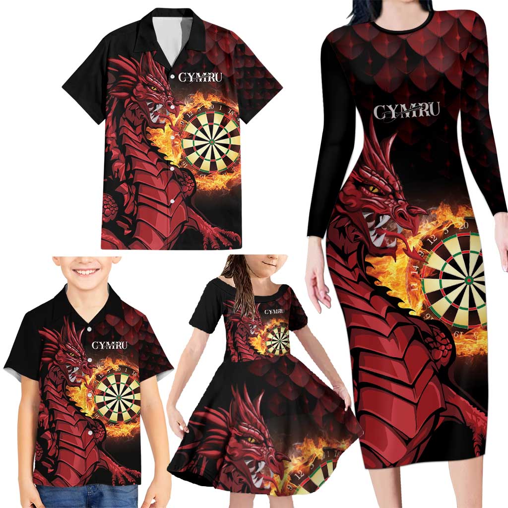 Wales Darts Personalised Family Matching Long Sleeve Bodycon Dress and Hawaiian Shirt Red Dragon Cymru Am Byth