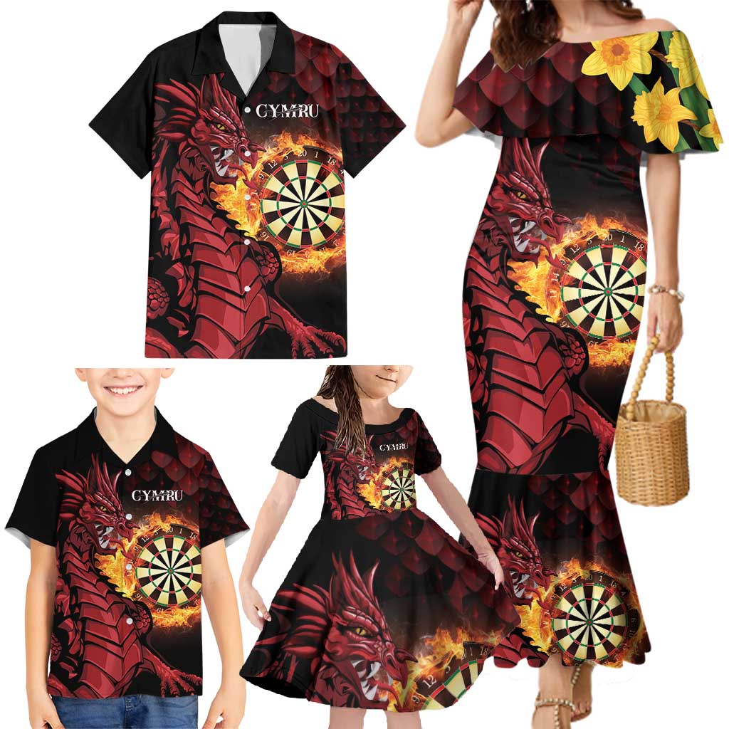 Wales Darts Personalised Family Matching Mermaid Dress and Hawaiian Shirt Red Dragon Cymru Am Byth