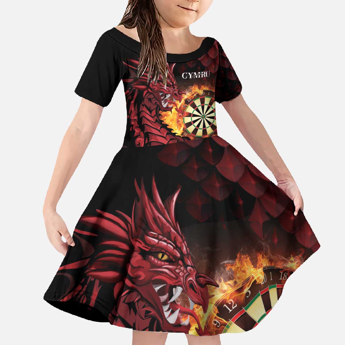 Wales Darts Personalised Family Matching Off The Shoulder Long Sleeve Dress and Hawaiian Shirt Red Dragon Cymru Am Byth