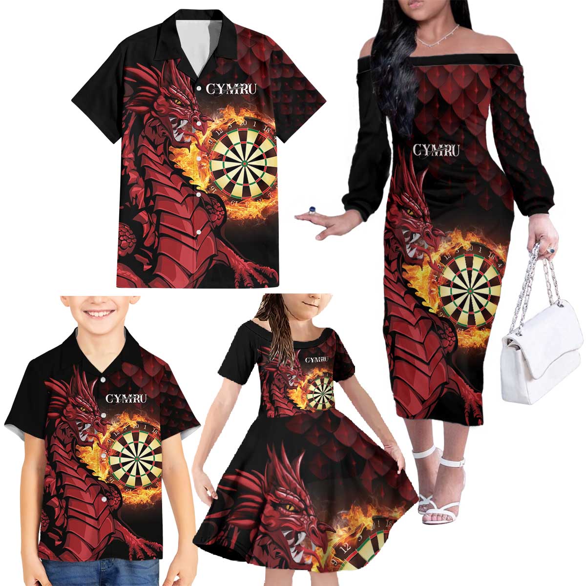 Wales Darts Personalised Family Matching Off The Shoulder Long Sleeve Dress and Hawaiian Shirt Red Dragon Cymru Am Byth