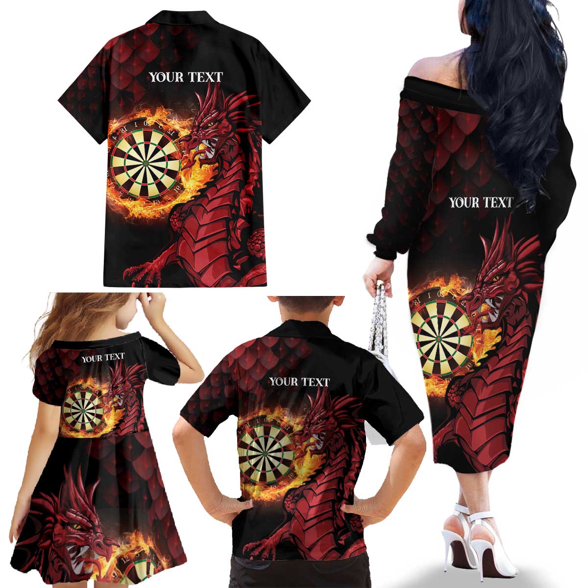Wales Darts Personalised Family Matching Off The Shoulder Long Sleeve Dress and Hawaiian Shirt Red Dragon Cymru Am Byth