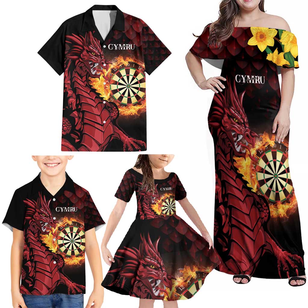 Wales Darts Personalised Family Matching Off Shoulder Maxi Dress and Hawaiian Shirt Red Dragon Cymru Am Byth