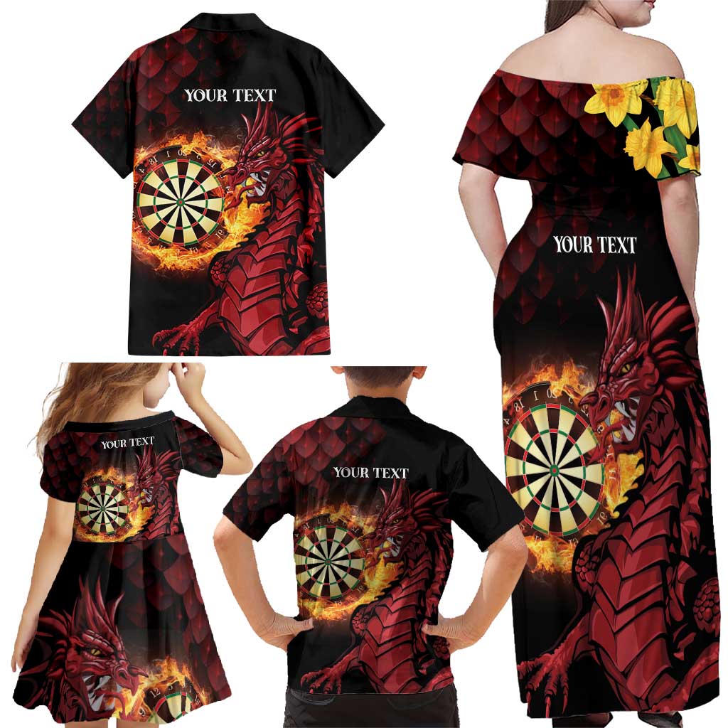 Wales Darts Personalised Family Matching Off Shoulder Maxi Dress and Hawaiian Shirt Red Dragon Cymru Am Byth