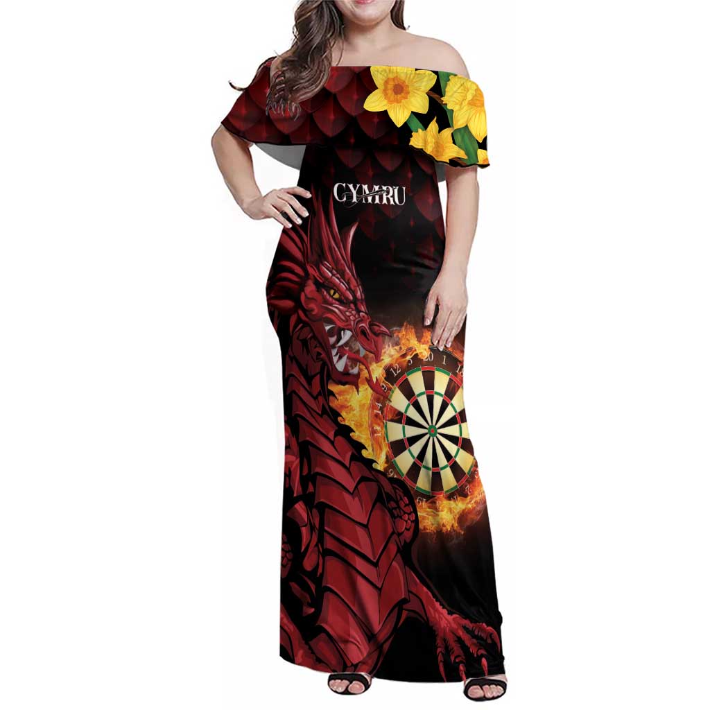 Wales Darts Personalised Family Matching Off Shoulder Maxi Dress and Hawaiian Shirt Red Dragon Cymru Am Byth
