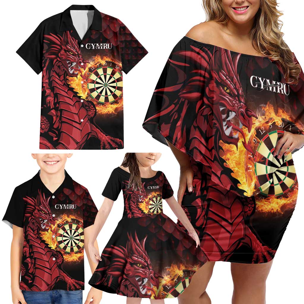 Wales Darts Personalised Family Matching Off Shoulder Short Dress and Hawaiian Shirt Red Dragon Cymru Am Byth
