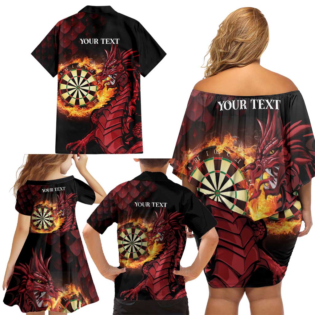 Wales Darts Personalised Family Matching Off Shoulder Short Dress and Hawaiian Shirt Red Dragon Cymru Am Byth