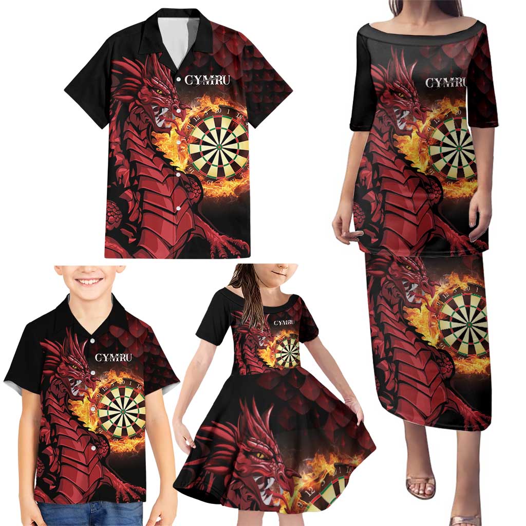 Wales Darts Personalised Family Matching Puletasi and Hawaiian Shirt Red Dragon Cymru Am Byth