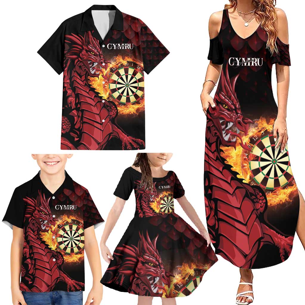 Wales Darts Personalised Family Matching Summer Maxi Dress and Hawaiian Shirt Red Dragon Cymru Am Byth